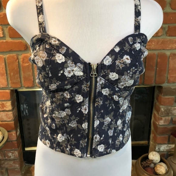 Vintage Blue Floral Bodice Corset Crop Shirt - Picture 4 of 7
